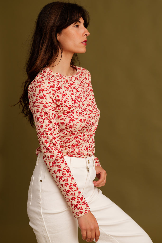 Matilda Top — Floral top on model with white jeans — MYFASHIONFRUIT