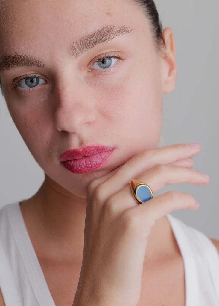 Amalthea Ring — Gold ring with blue stone on model — MYFASHIONFRUIT