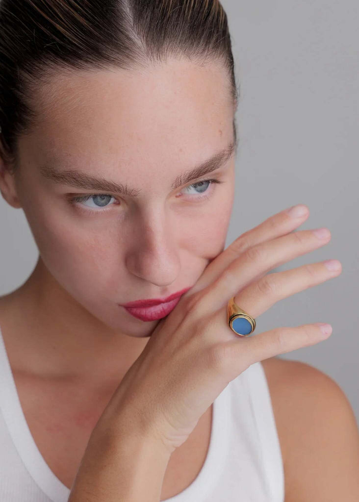 Amalthea Ring — Gold ring with blue stone on model — MYFASHIONFRUIT
