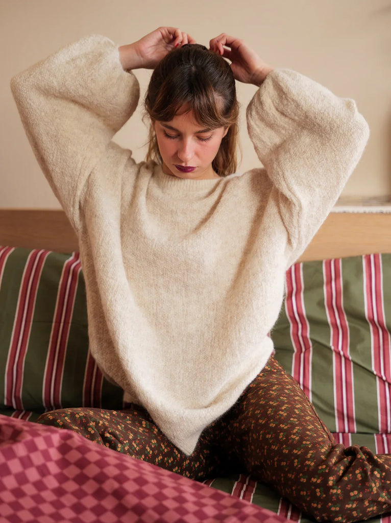Thelma Sweater — Beige knit with balloon sleeves on model — MYFASHIONFRUIT