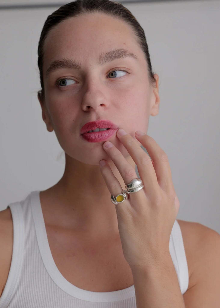 Odessa Pinky Ring — Silver rings with yellow stone on model — MYFASHIONFRUIT