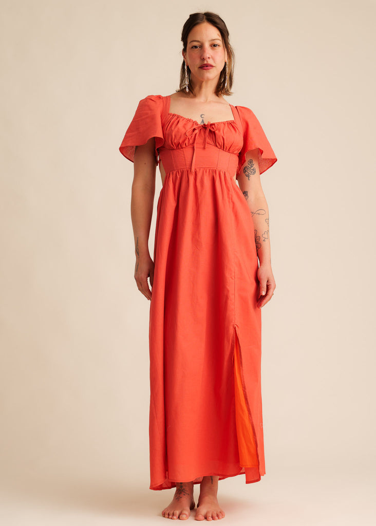 Alora Dress — Red linen maxi dress with slit on model — MYFASHIONFRUIT