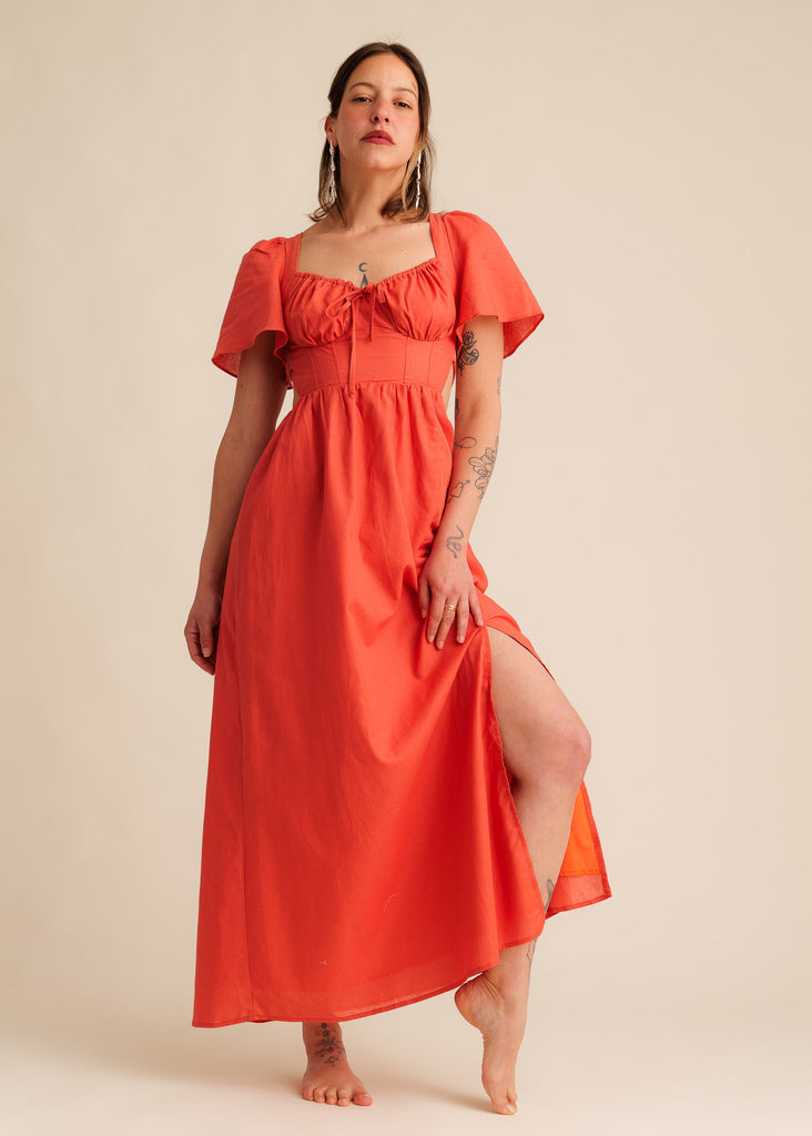 Alora Dress — Red maxi dress with slit on model — MYFASHIONFRUIT