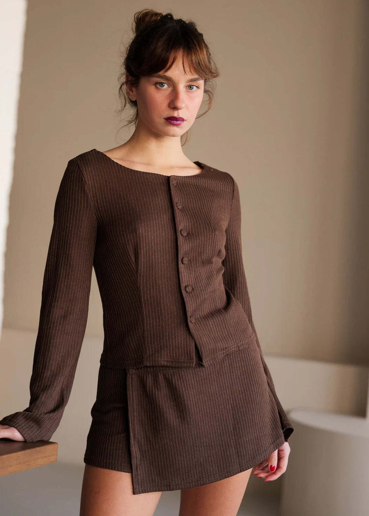 Bali Cardi Top — Brown knit top on model — MYFASHIONFRUIT