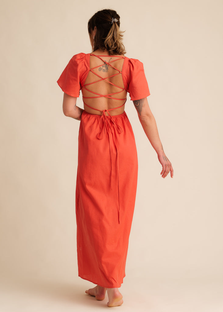 Alora Dress — Red maxi dress with open back on model — MYFASHIONFRUIT
