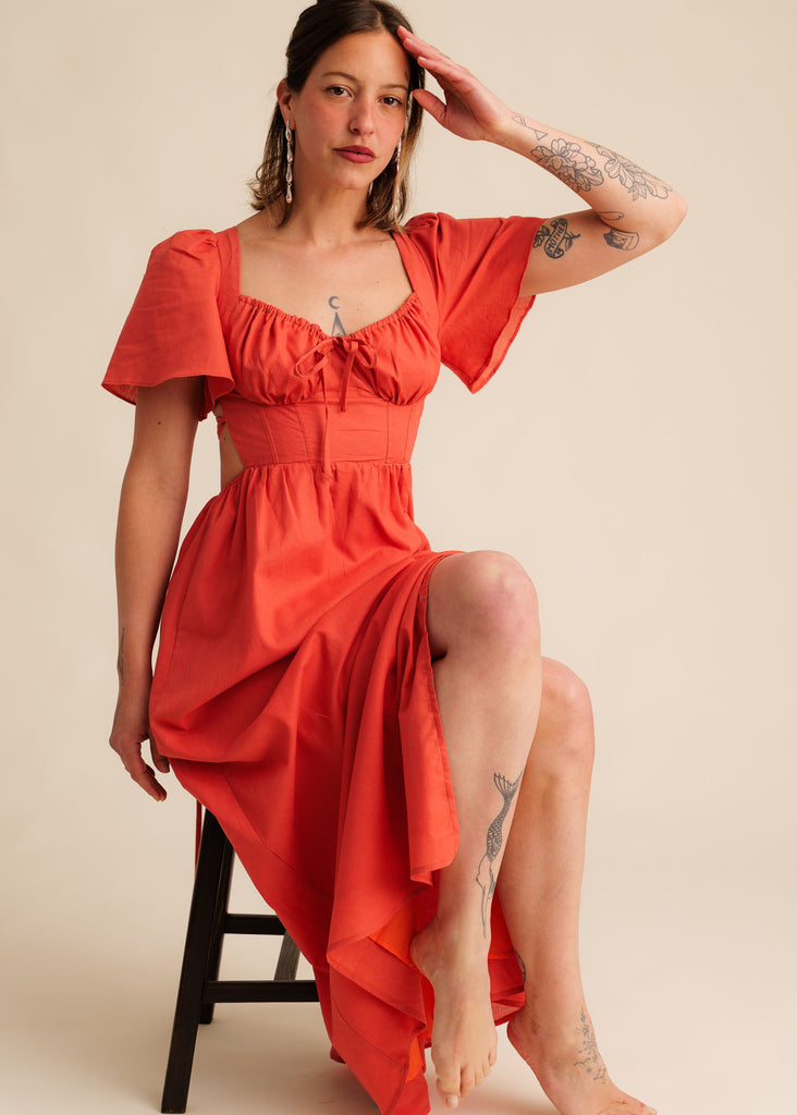 Alora Dress — Red dress with tie detail on model — MYFASHIONFRUIT