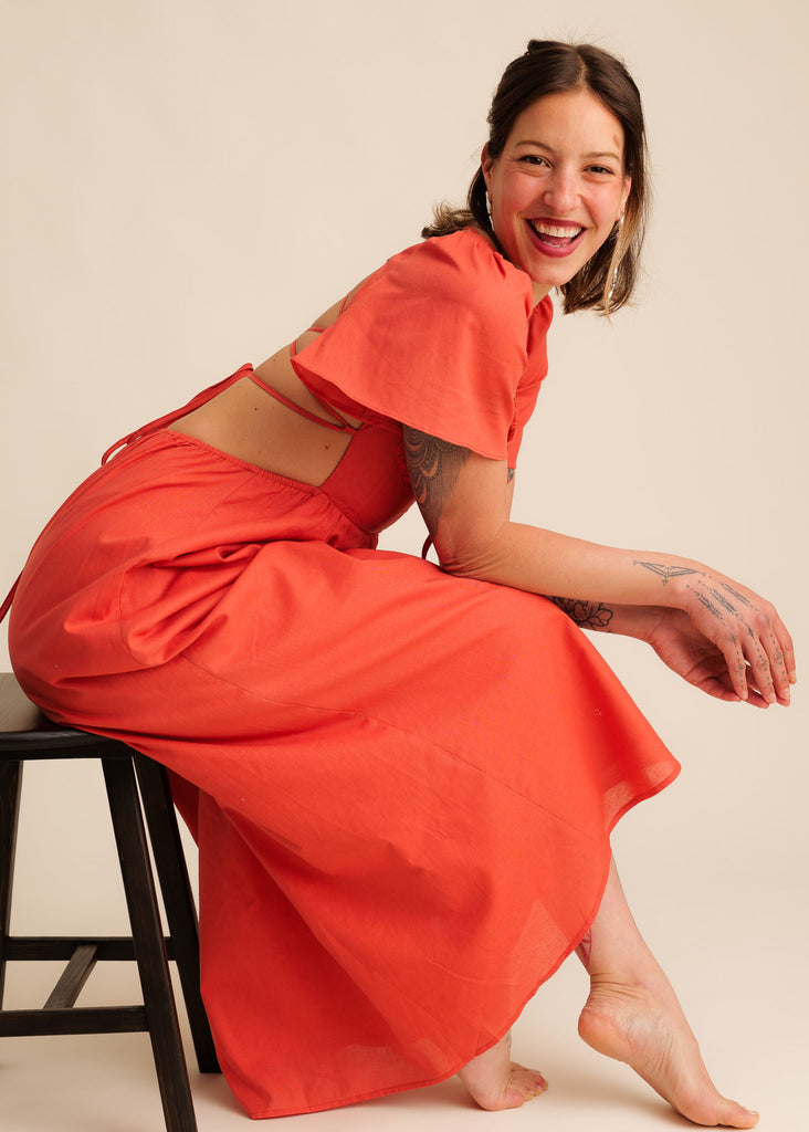 Alora Dress — Red maxi dress on model — MYFASHIONFRUIT