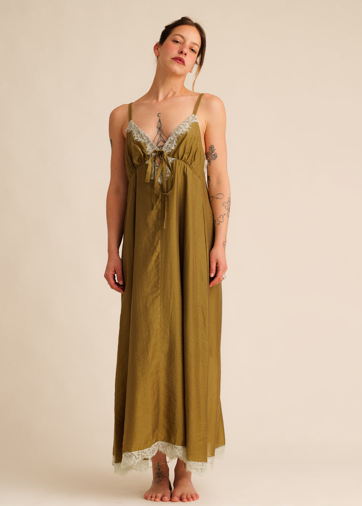 Mon Chou Dress — Olive green maxi dress on model with lace trim — MYFASHIONFRUIT