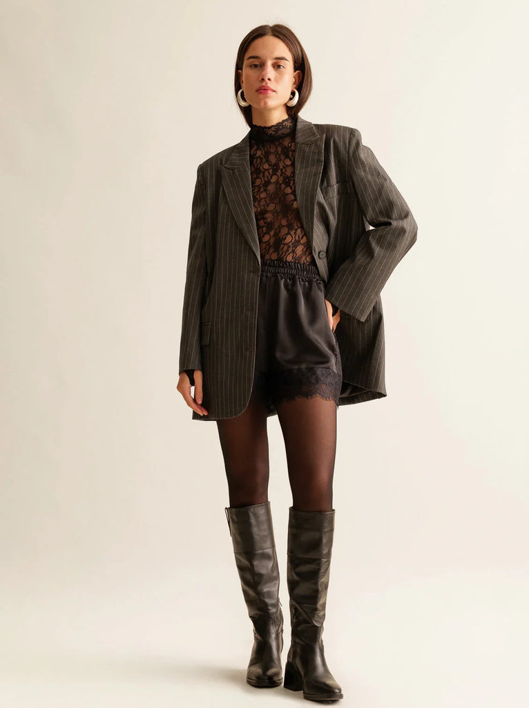 Marcia Shorts — Black satin shorts with lace, on model — MYFASHIONFRUIT