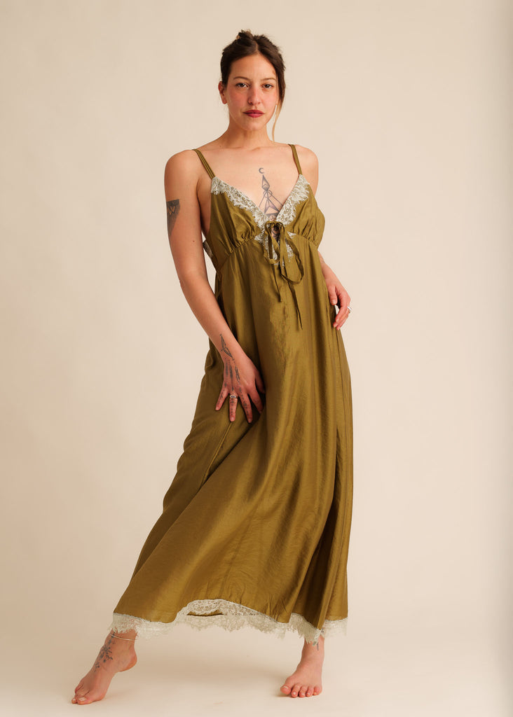 Mon Chou Dress — Olive green slip dress with lace trim, on model — MYFASHIONFRUIT