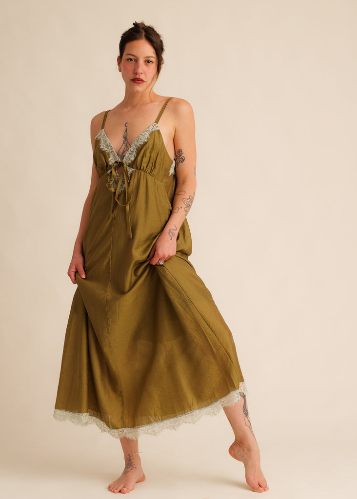 Mon Chou Dress — Olive green slip dress with lace trim, on model — MYFASHIONFRUIT