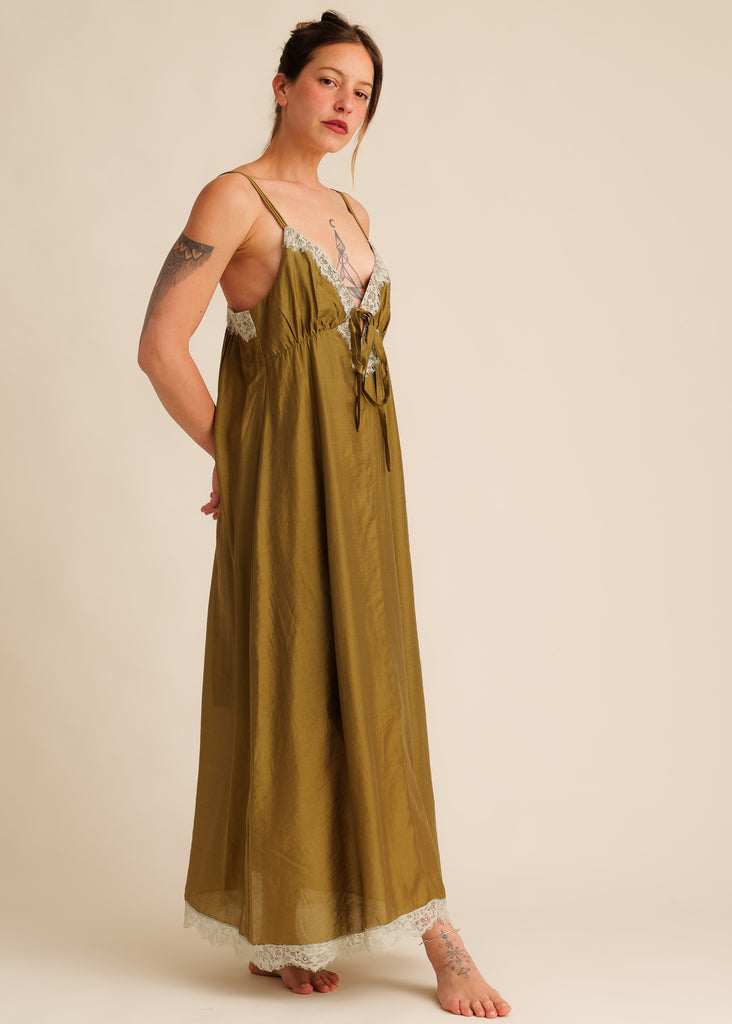 Mon Chou Dress — Olive green slip dress with lace details on model — MYFASHIONFRUIT