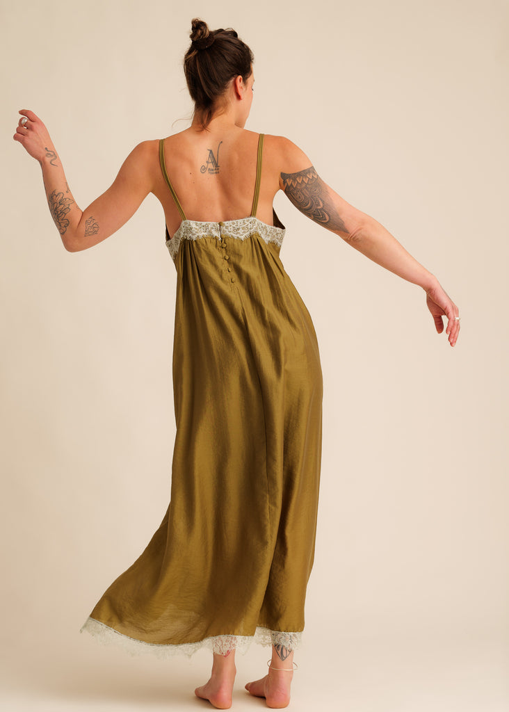 Mon Chou Dress — Olive green slip dress with lace detail on model — MYFASHIONFRUIT