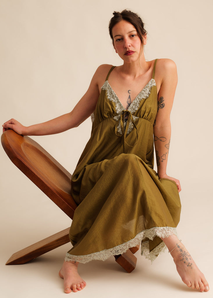 Mon Chou Dress — Olive green slip dress with lace trim, on model — MYFASHIONFRUIT