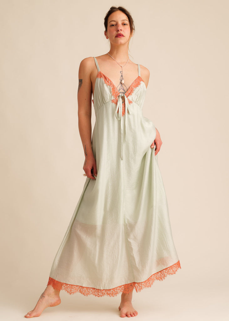 Mon Chou Dress — Sage green slip dress with orange lace detail on model — MYFASHIONFRUIT