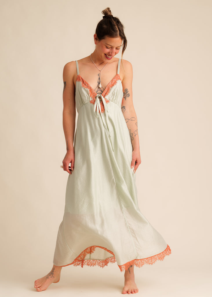 Mon Chou Dress — Sage green slip dress with orange lace detail on model — MYFASHIONFRUIT