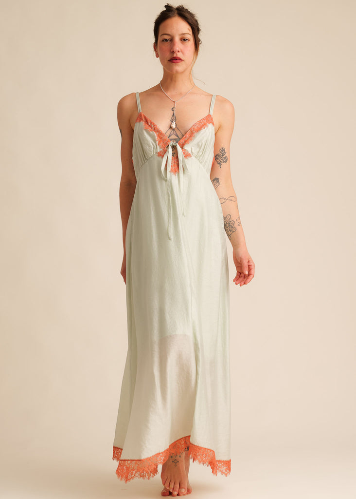 Mon Chou Dress — Sage green slip dress with coral lace on model — MYFASHIONFRUIT