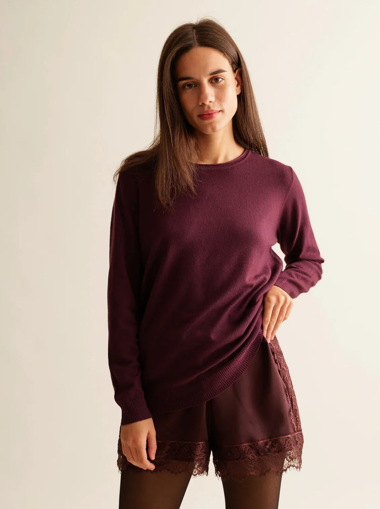 Marcia Shorts — Lace-trimmed satin shorts in burgundy, on model — MYFASHIONFRUIT