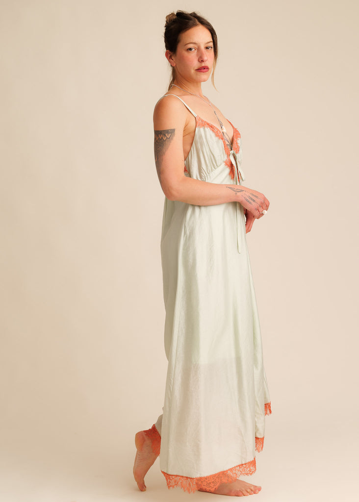 Mon Chou Dress — Sage green slip dress with coral lace on model — MYFASHIONFRUIT