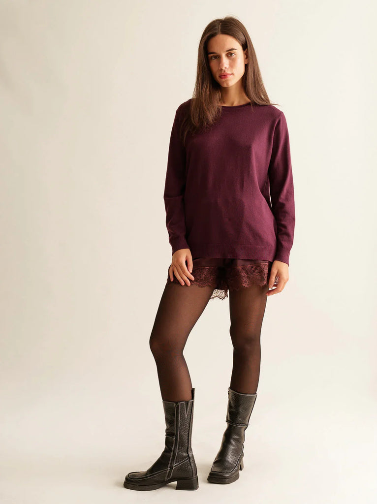 Marcia Shorts — Burgundy, with lace, on model — MYFASHIONFRUIT