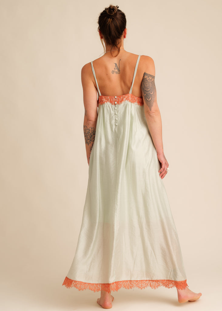 Mon Chou Dress — Sage green slip dress, orange lace trim, on model — MYFASHIONFRUIT