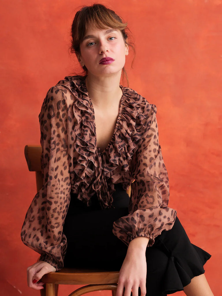 Nameera Top — Animal print with ruffles on model — MYFASHIONFRUIT