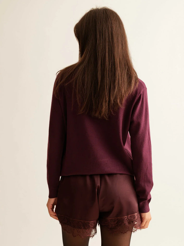 Marcia Shorts — plum shorts with lace on model — MYFASHIONFRUIT