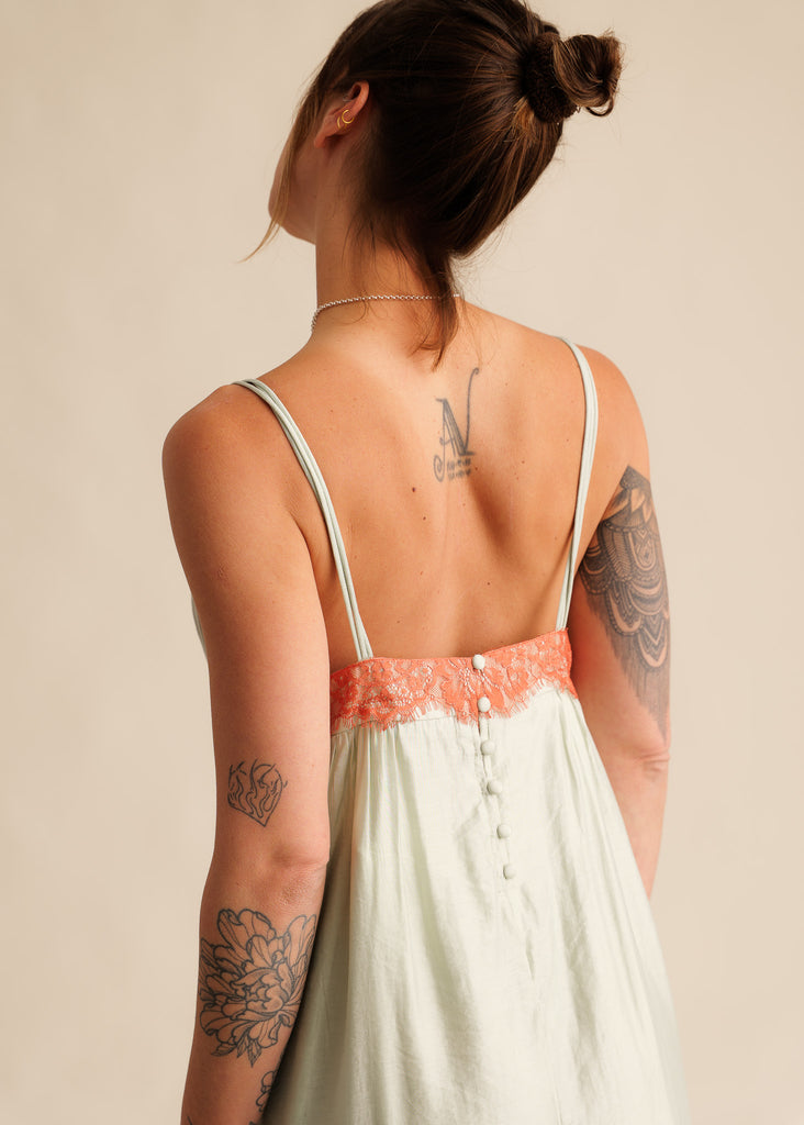 Mon Chou Dress — Sage green slip dress with coral lace detail — MYFASHIONFRUIT