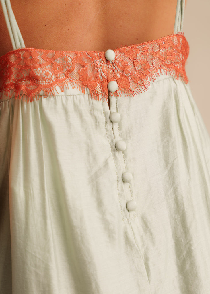 Mon Chou Dress — Sage green dress detail with orange lace and buttons — MYFASHIONFRUIT