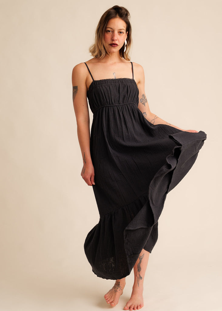 Oriane Dress — Black cotton midi dress on model — MYFASHIONFRUIT