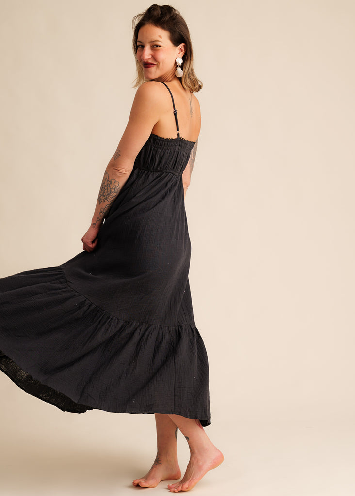 Oriane Dress — Black cotton maxi dress on model — MYFASHIONFRUIT