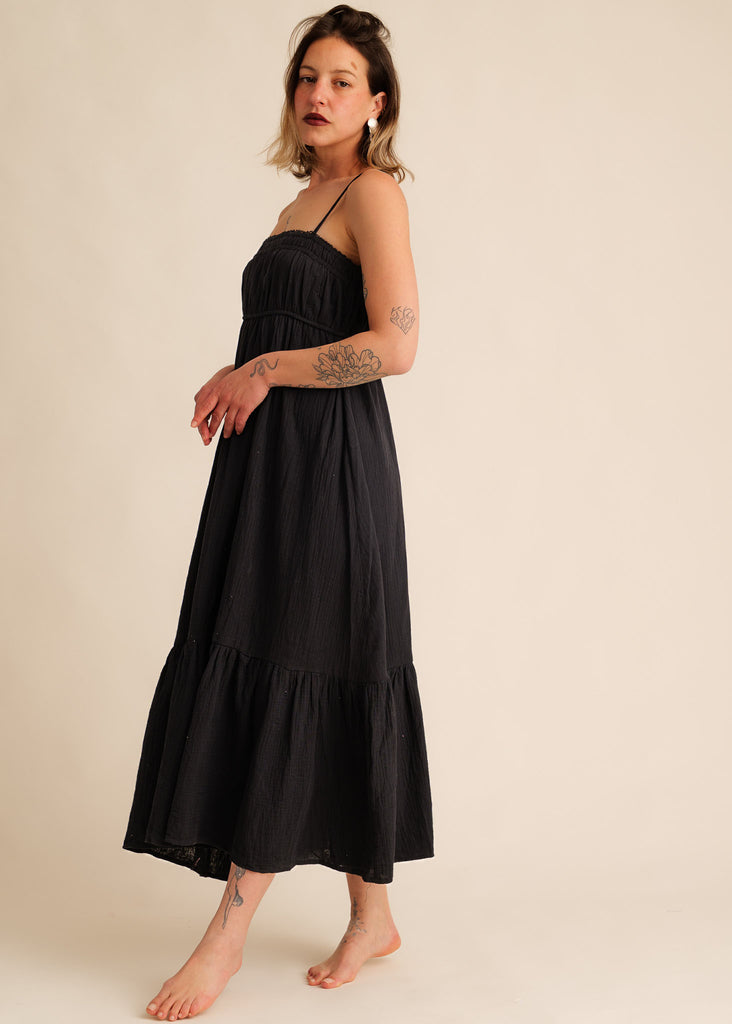 Oriane Dress — Black maxi dress with thin straps, on model — MYFASHIONFRUIT