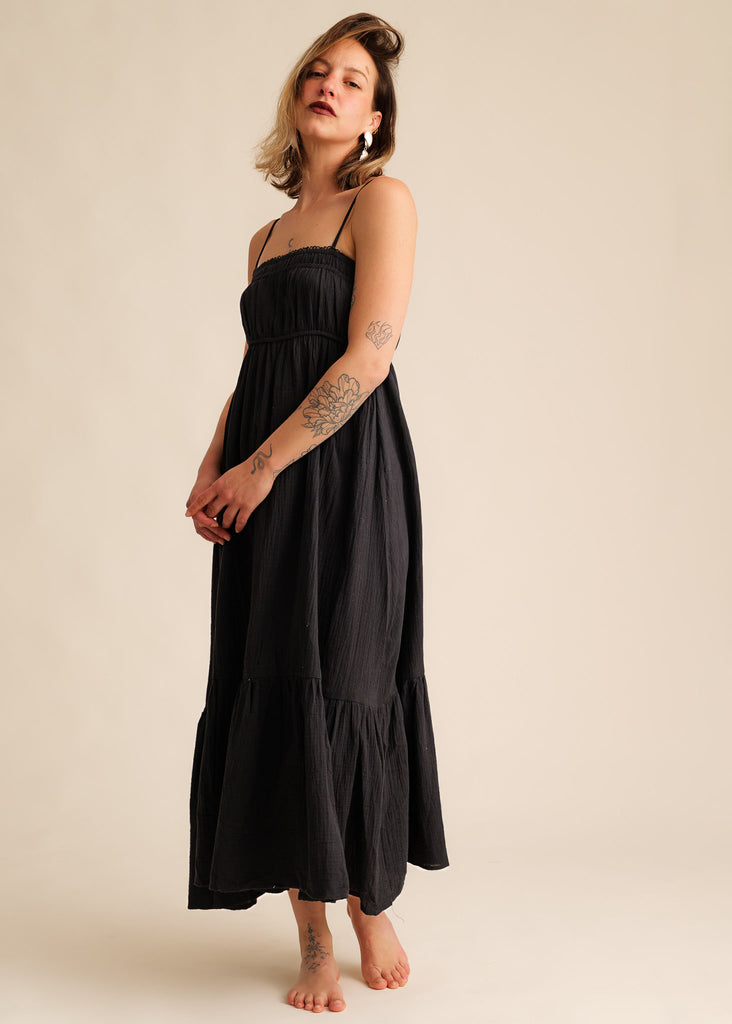 Oriane Dress — Black maxi dress with spaghetti straps on model — MYFASHIONFRUIT