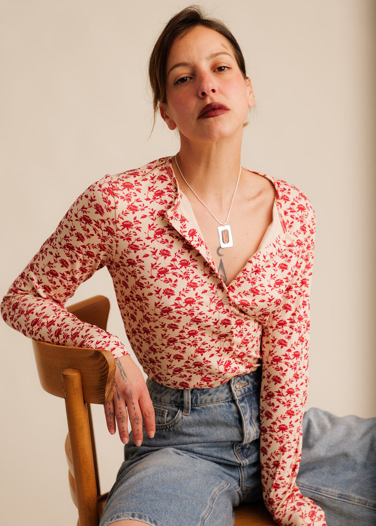 Matilda Button-Up Top — Floral print top on model — MYFASHIONFRUIT