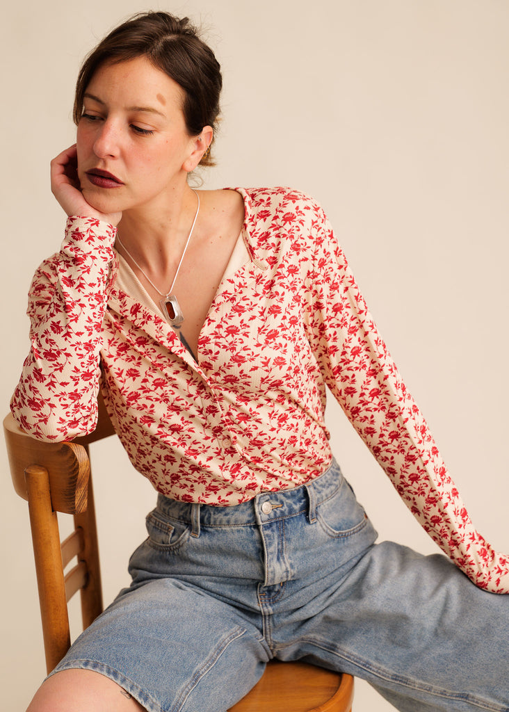 Matilda Button-Up Top — Red floral print blouse on model — MYFASHIONFRUIT