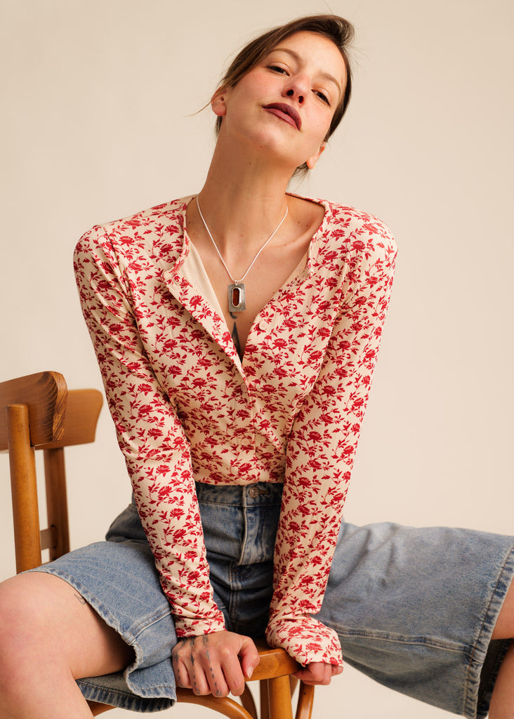 Matilda Button-Up Top — Red floral print top on model — MYFASHIONFRUIT