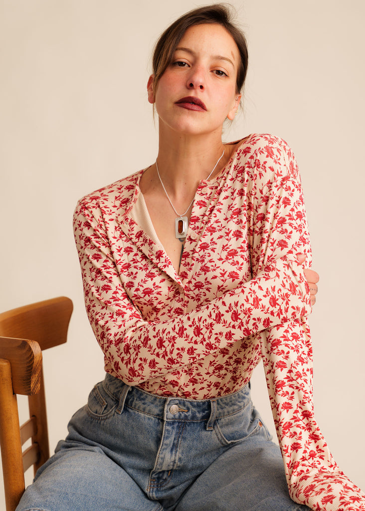 Matilda Button-Up Top — Floral print button-up top on model — MYFASHIONFRUIT