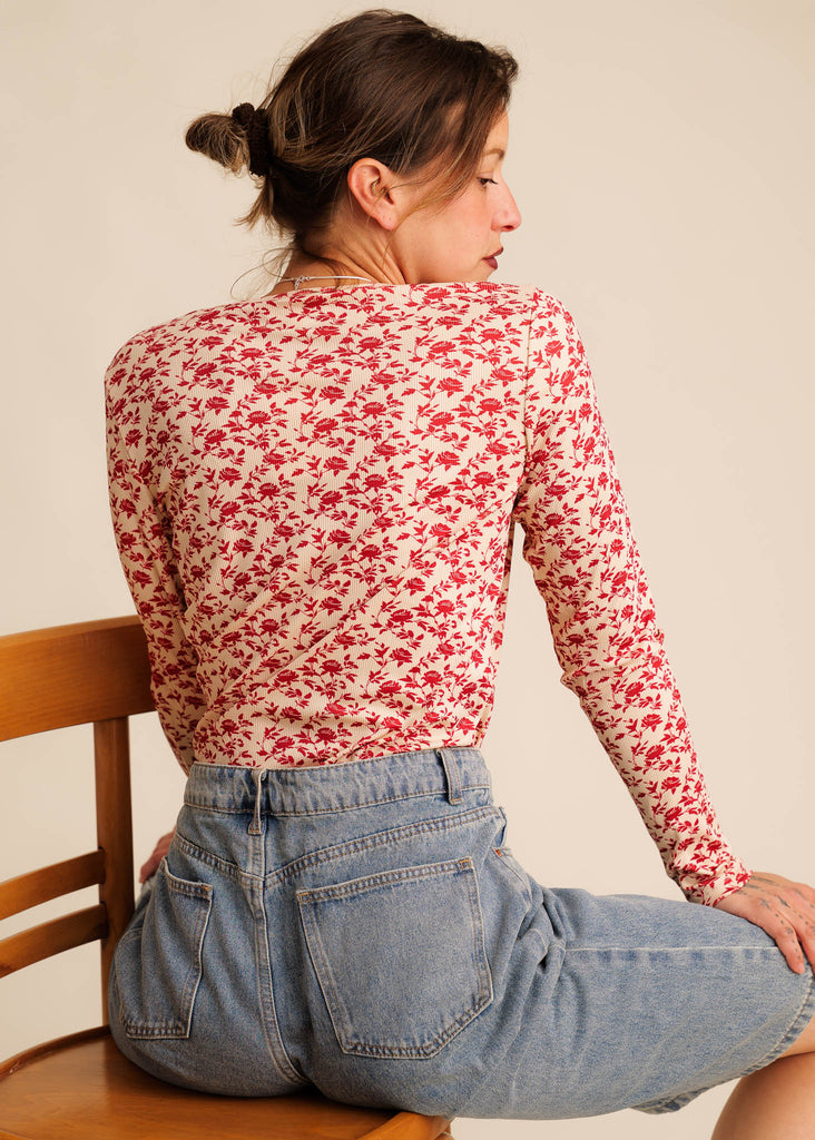 Matilda Button-Up Top — Floral top on model, back view — MYFASHIONFRUIT