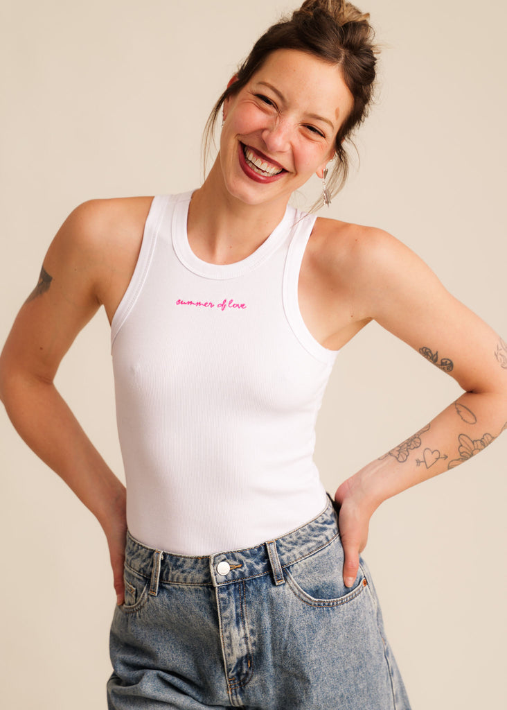 Reem Tank Top — White ribbed top "summer of love" embroidered — on model — MYFASHIONFRUIT