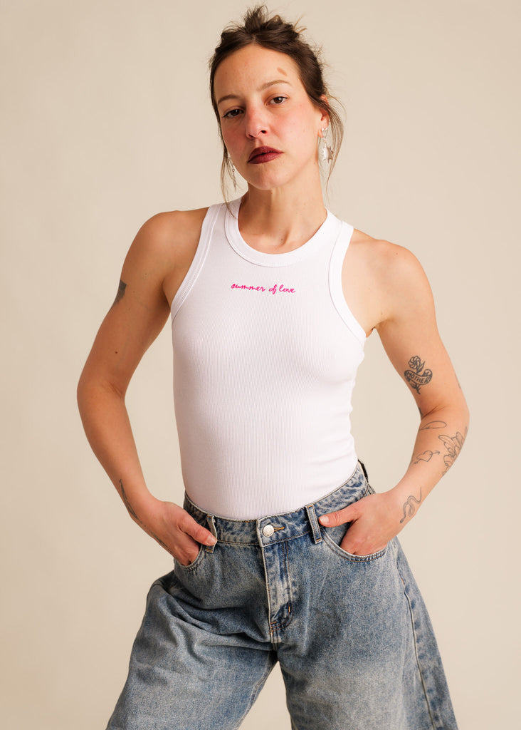 Reem Tank Top — White ribbed tank top "Summer of Love" on model — MYFASHIONFRUIT