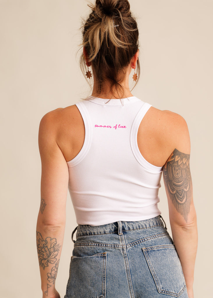 Reem Tank Top — White ribbed tank top with "summer of love" — MYFASHIONFRUIT