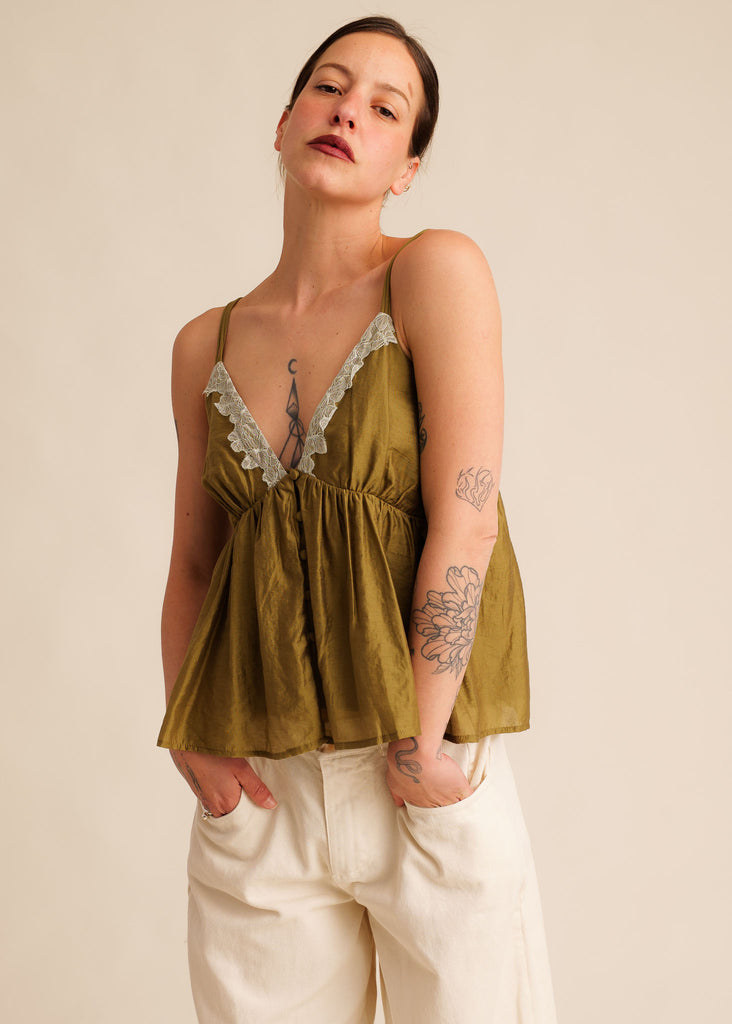 Mon Chou Camisole Top — Olive green camisole with lace detail, on model — MYFASHIONFRUIT