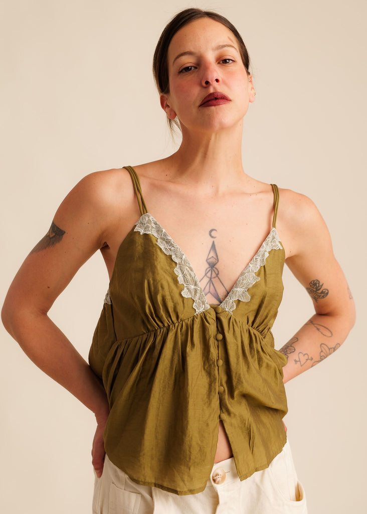 Mon Chou Camisole Top — Olive green cami with lace detail on model — MYFASHIONFRUIT