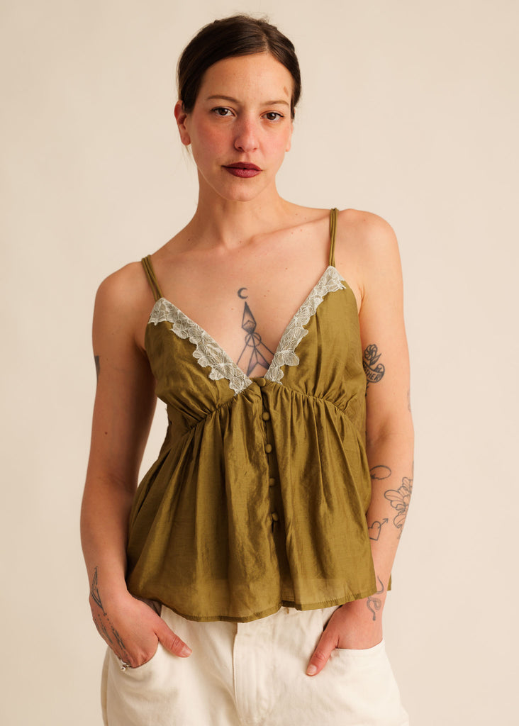 Mon Chou Camisole Top — Olive green cami with lace trim, on model — MYFASHIONFRUIT