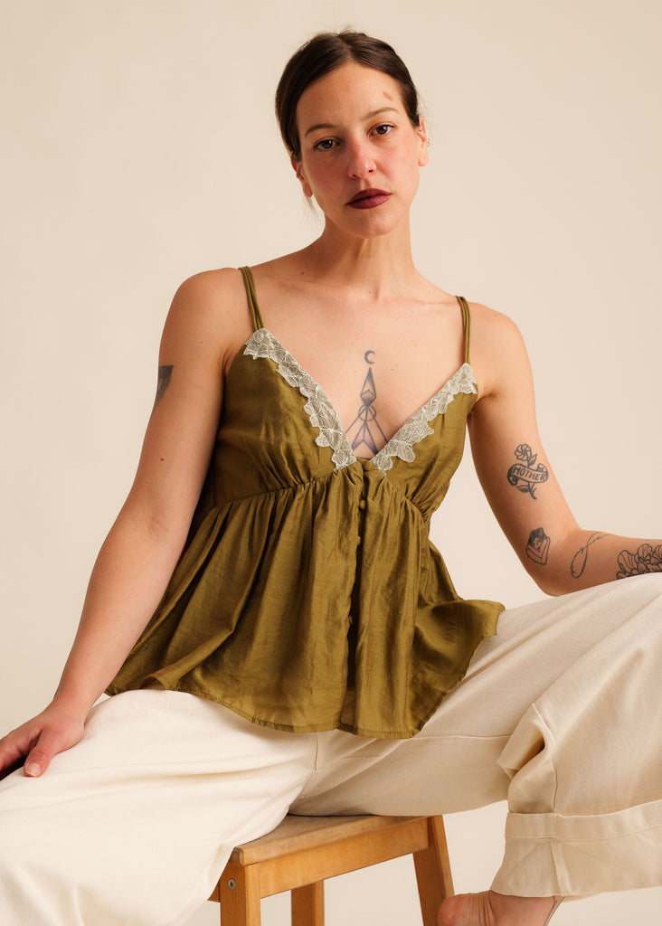 Mon Chou Camisole Top — Olive green camisole with lace detail on model — MYFASHIONFRUIT