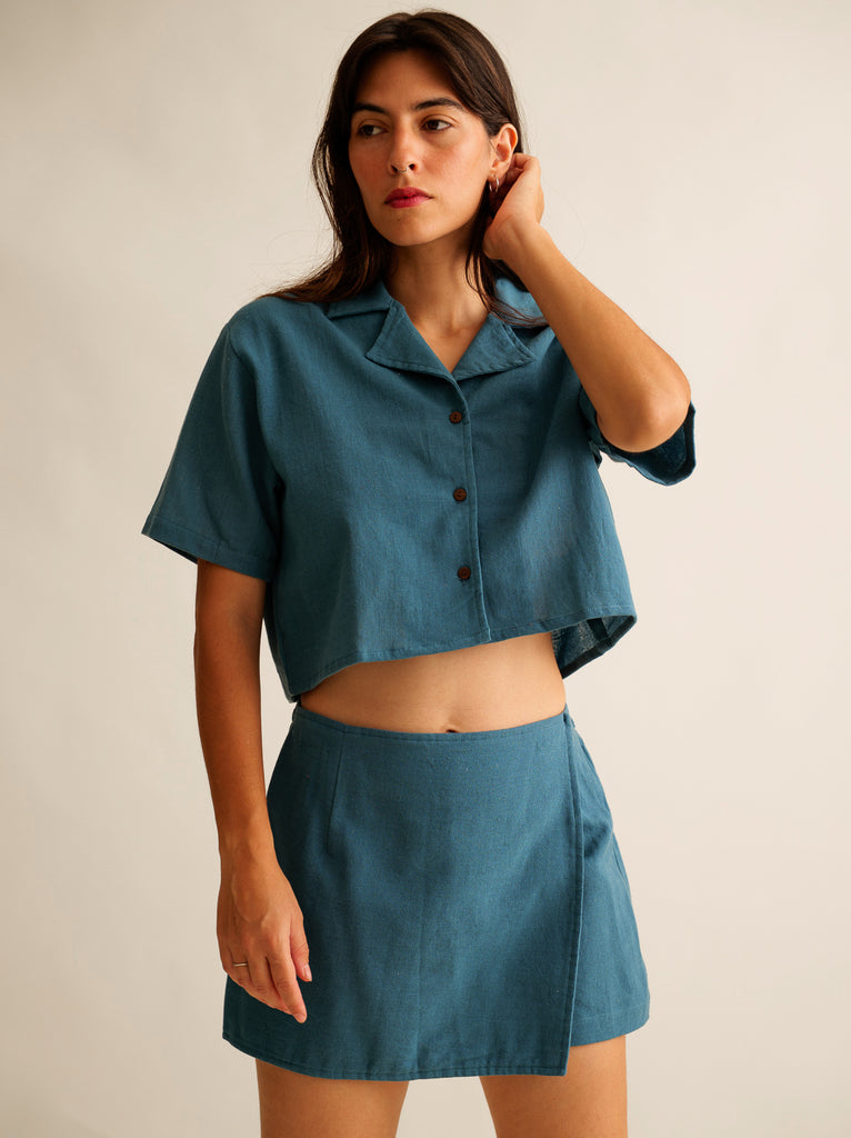 Ivey Skort — Blue linen set on model — MYFASHIONFRUIT