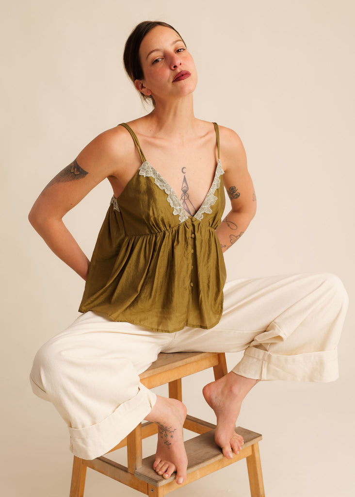 Mon Chou Camisole Top — Olive green cami top with lace detail on model — MYFASHIONFRUIT