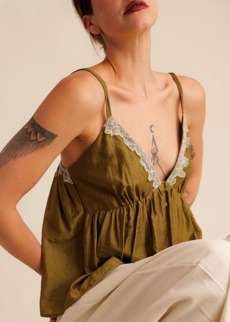 Mon Chou Camisole Top — Olive green camisole with lace detail on model — MYFASHIONFRUIT