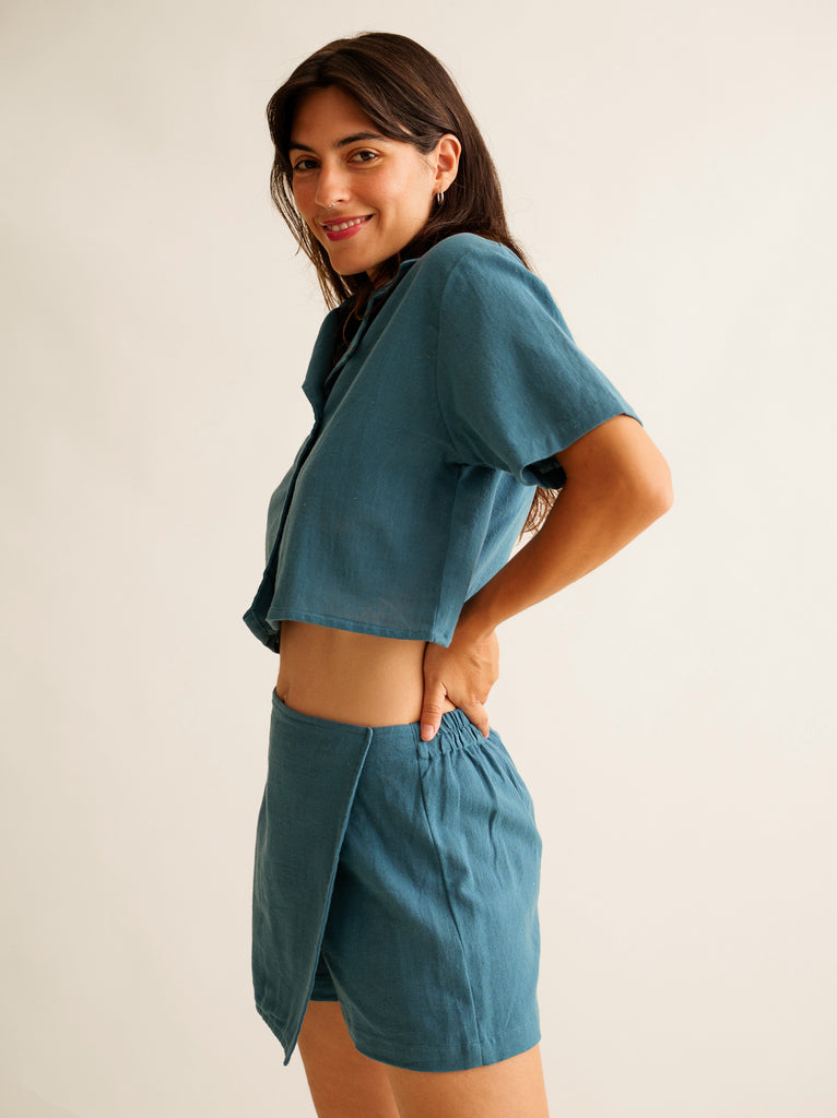 Ivey Skort — Blue skort and shirt on model — MYFASHIONFRUIT