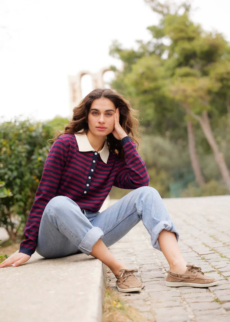 Taylor Polo Shirt — Model wearing striped top and jeans — MYFASHIONFRUIT